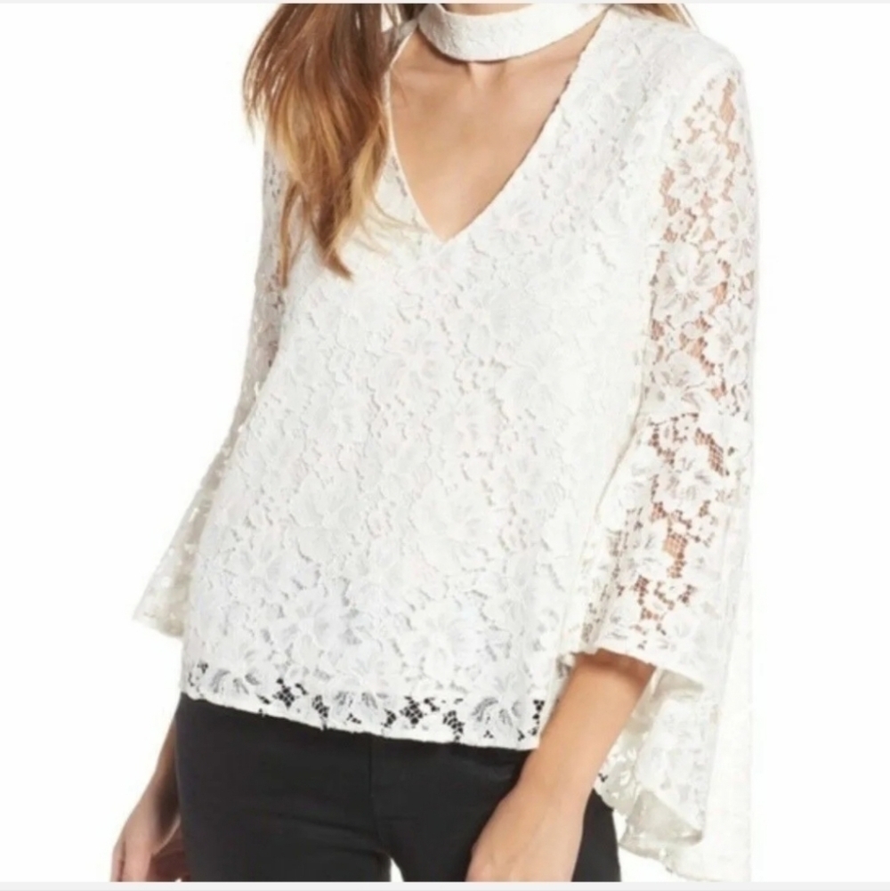 WAYF RAYAN FLORAL LACE CHOKER  BELL SLEEVE BLOUSE, SZ LARGE